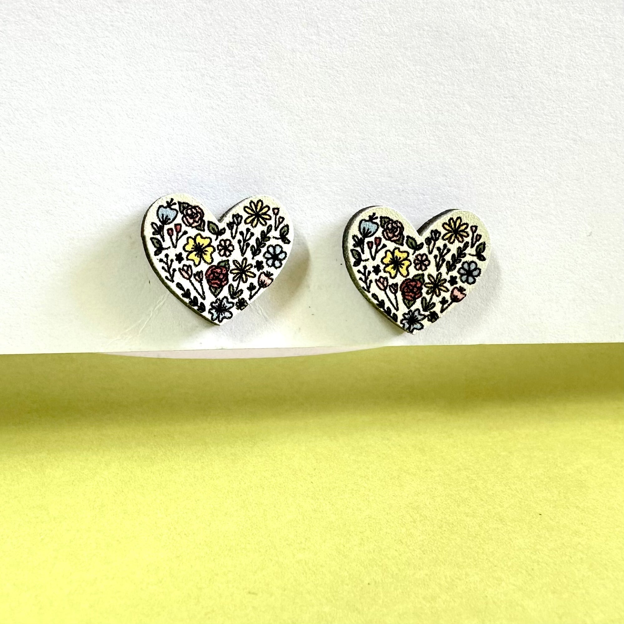 Heart with flowers wooden earring