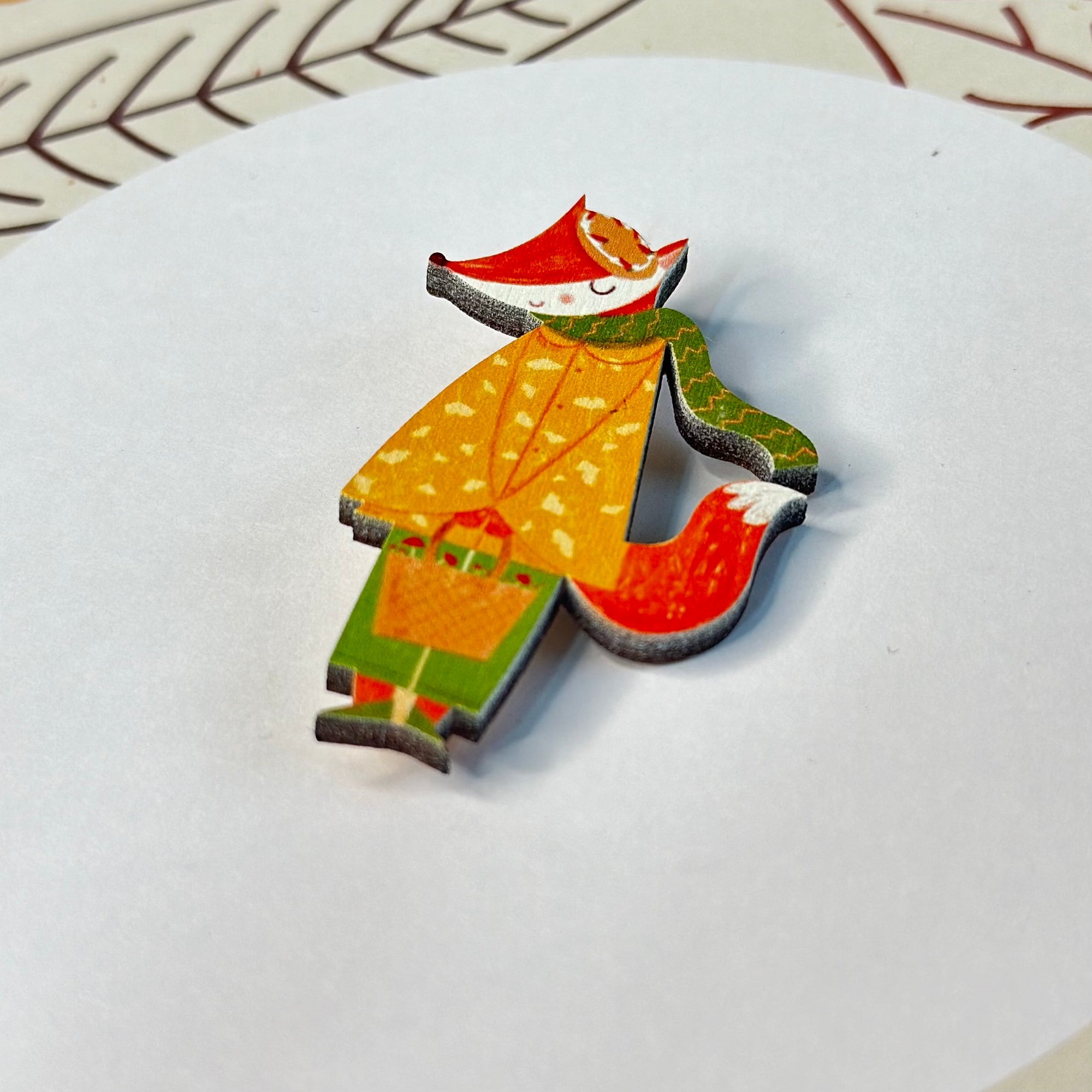 Autumn fox wooden brooch