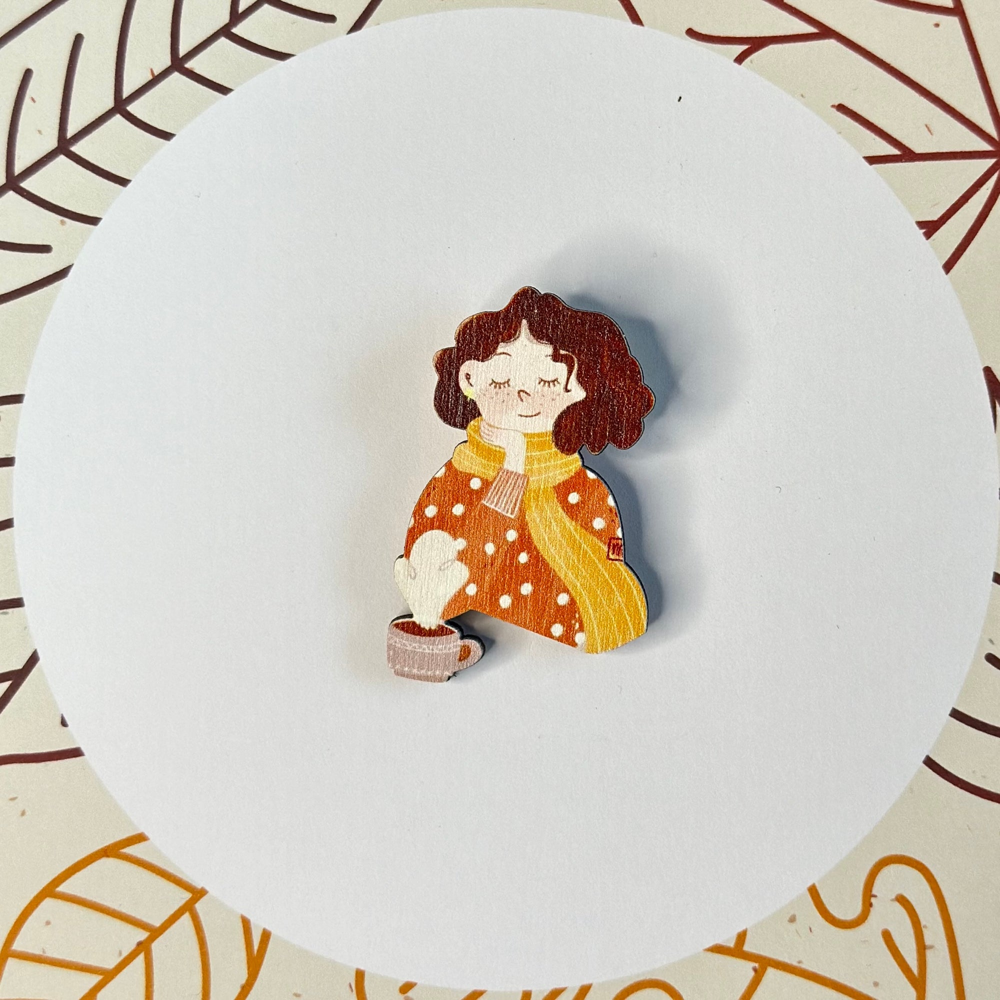 Curly girl with coffee wooden brooch