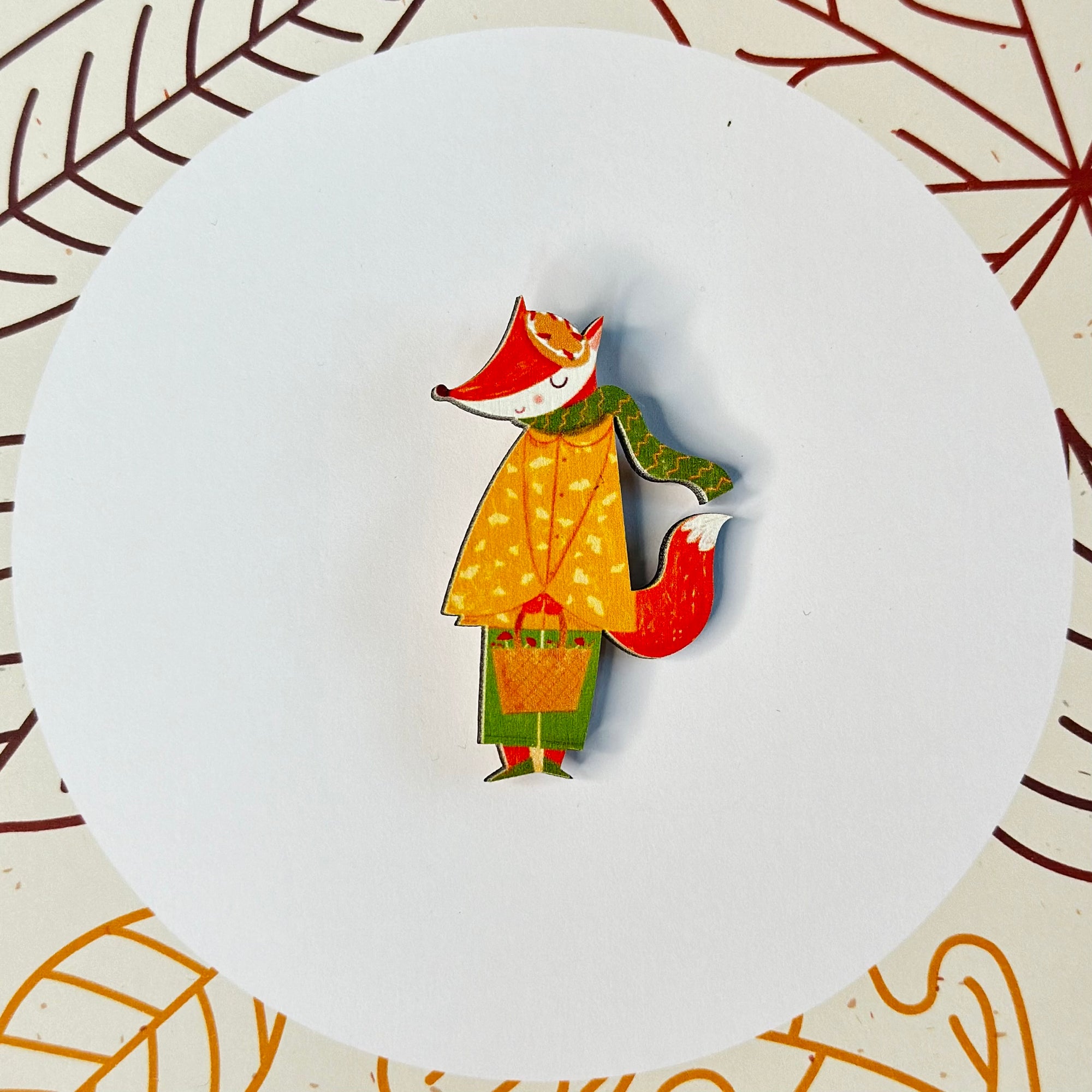 Autumn fox wooden brooch