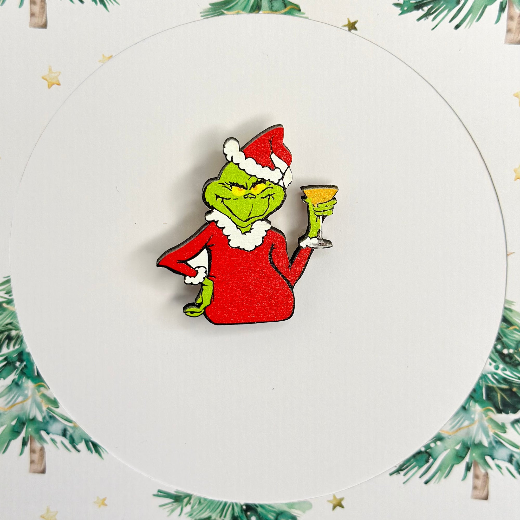 Grinch with champagne glass standard brooch