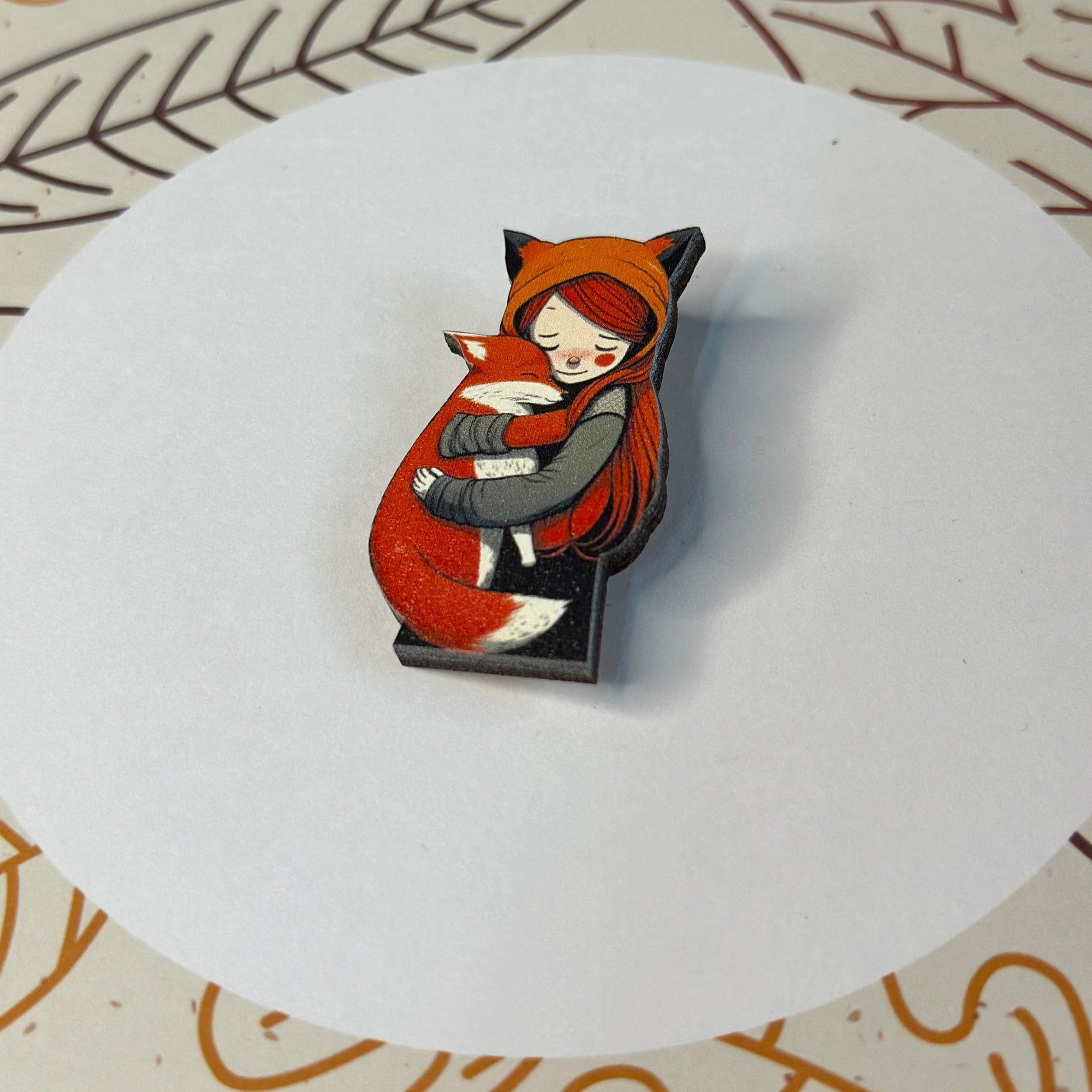 Girl and fox hugging standard wooden brooch