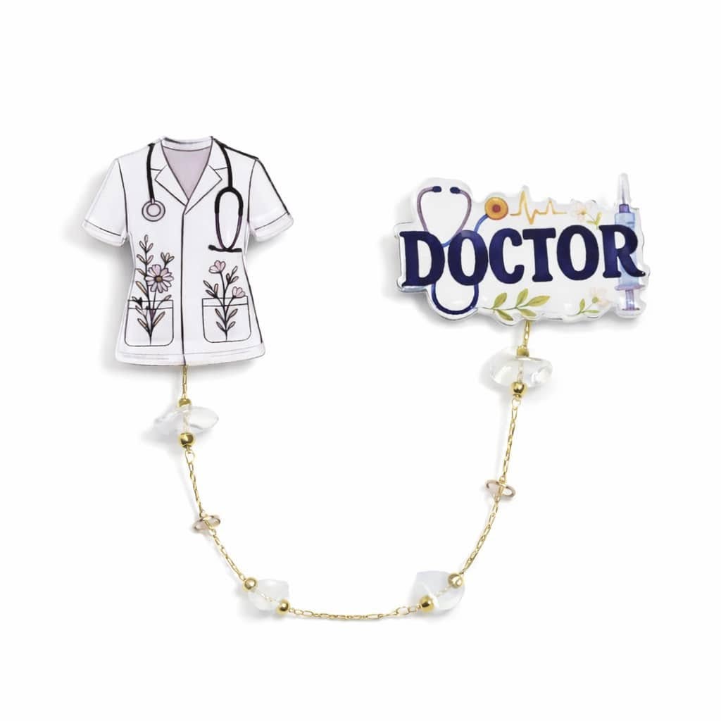 Doctor: ორგანული მინის გულსაბნევი, ბუნებრივი თეთრი მთის ბროლის ქვებით