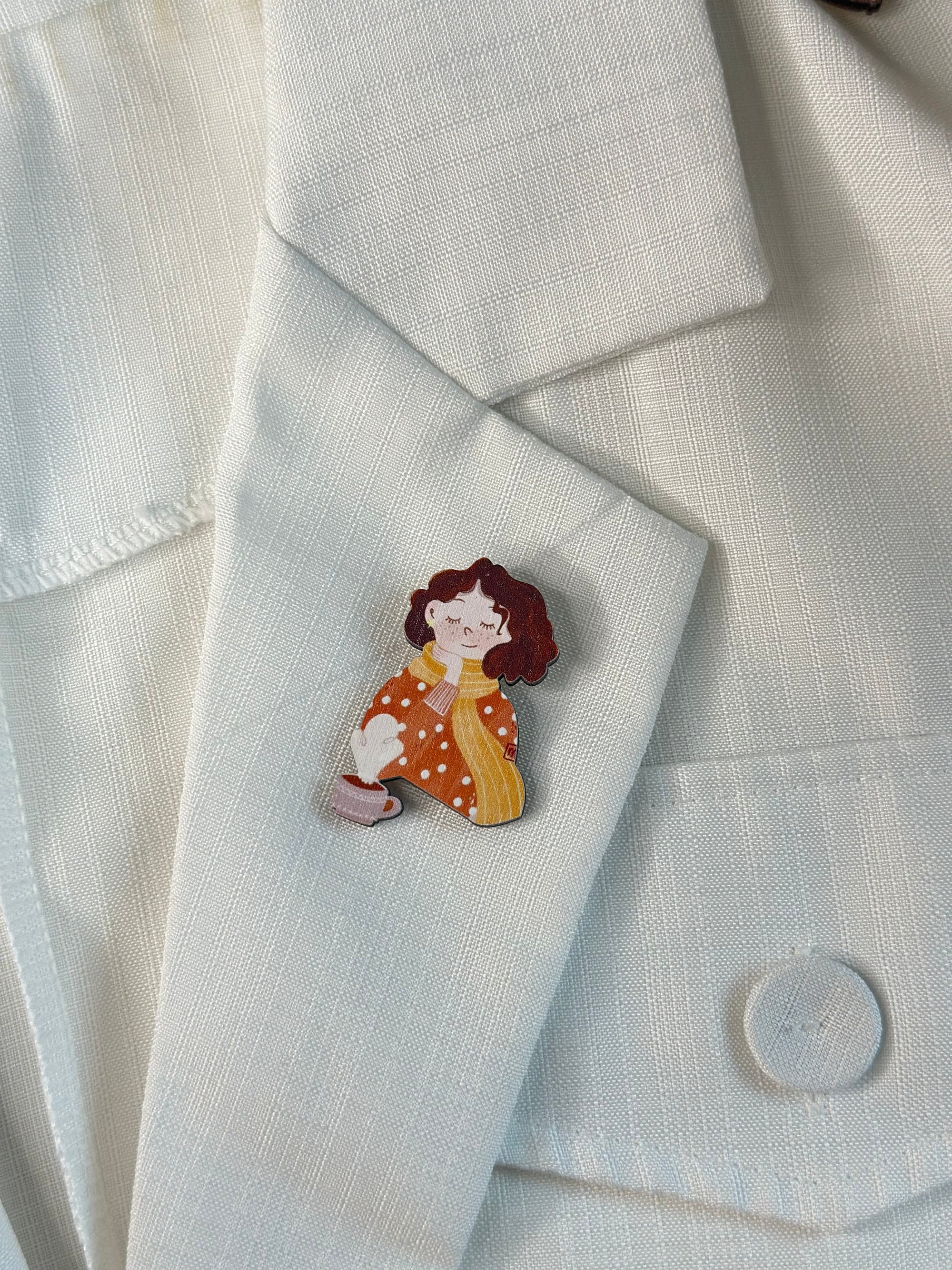 Curly girl with coffee wooden brooch