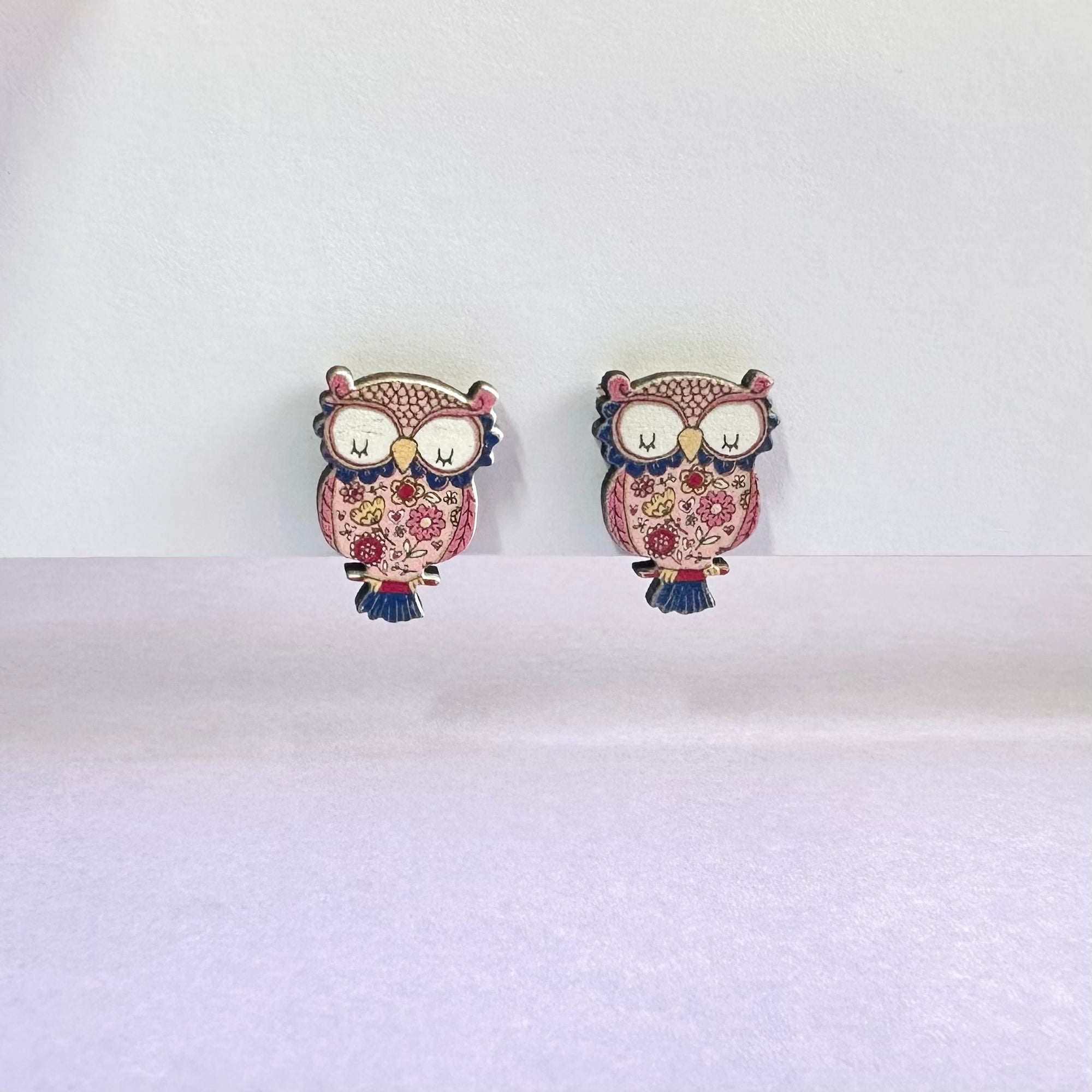 Pink owl wood earring