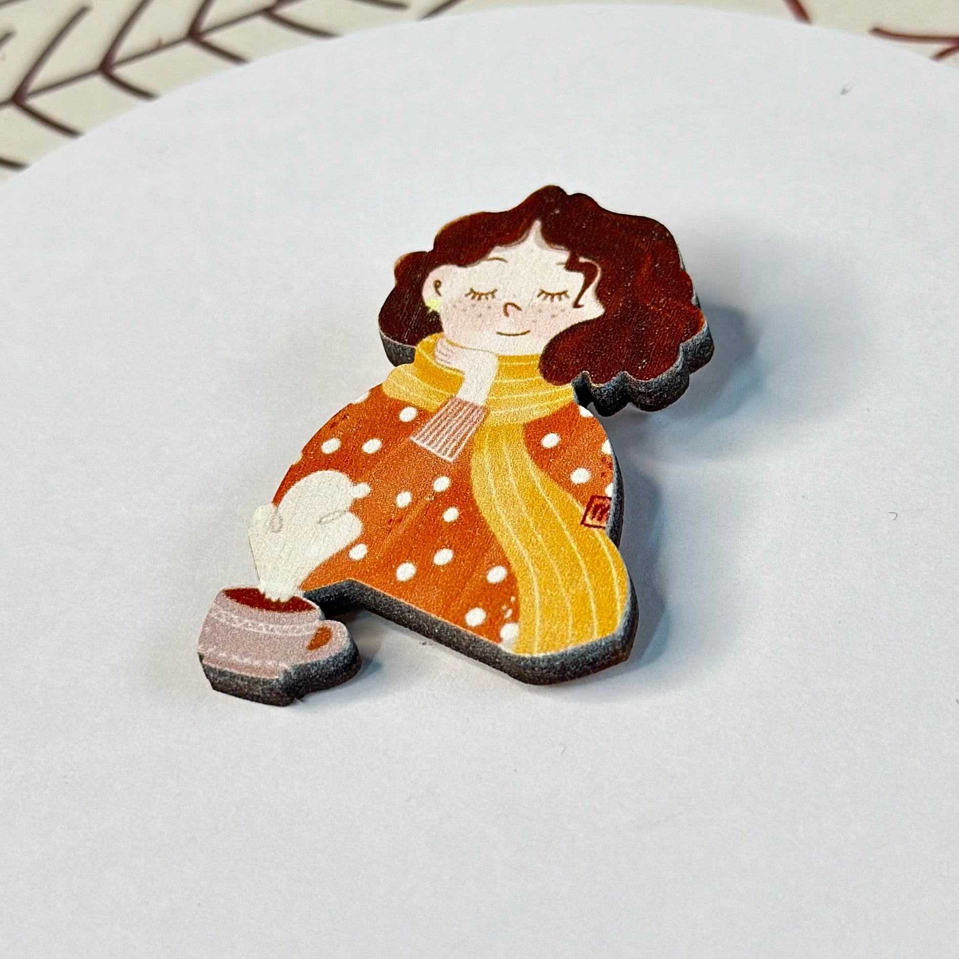 Curly girl with coffee wooden brooch