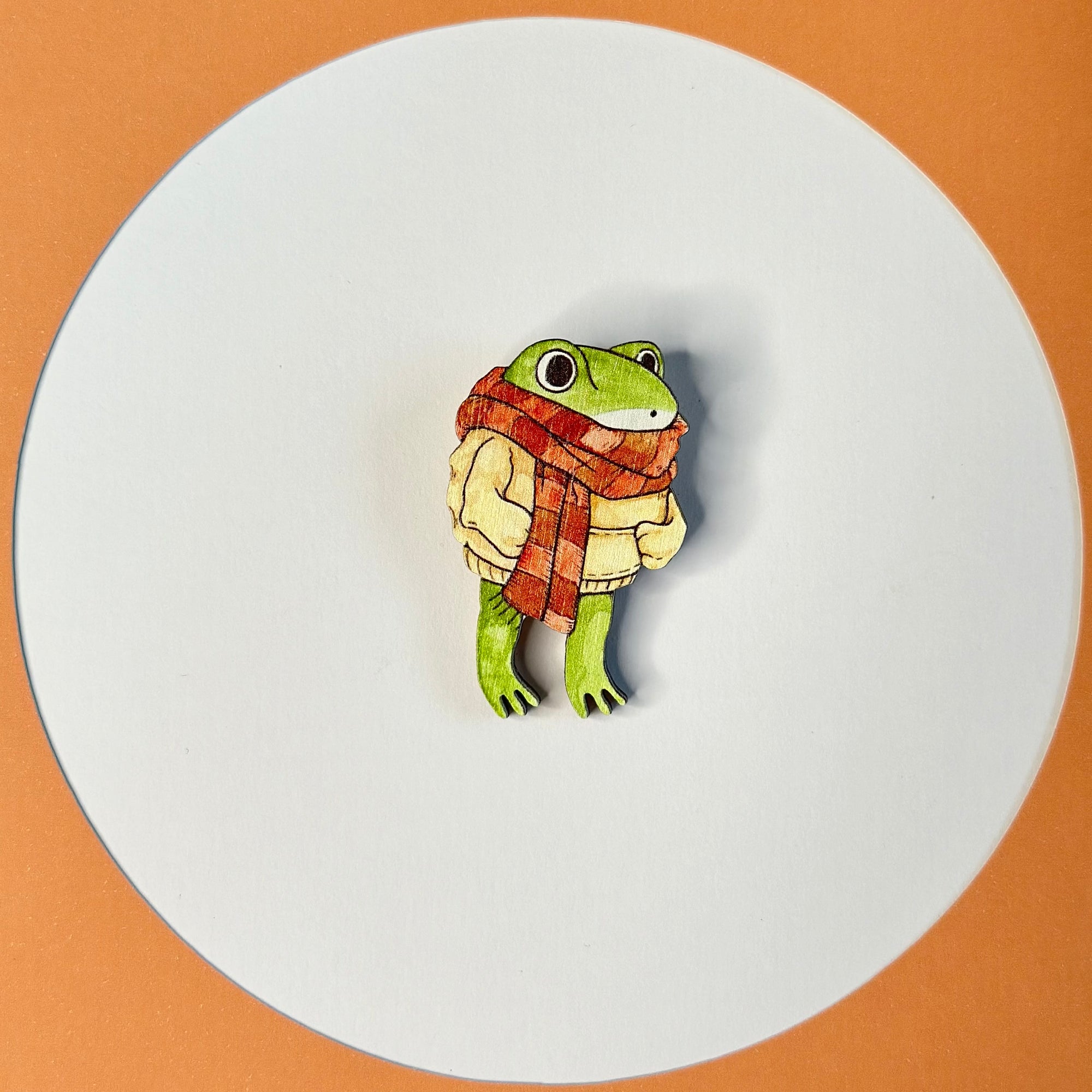 A wooden brooch with a frog and a sweater