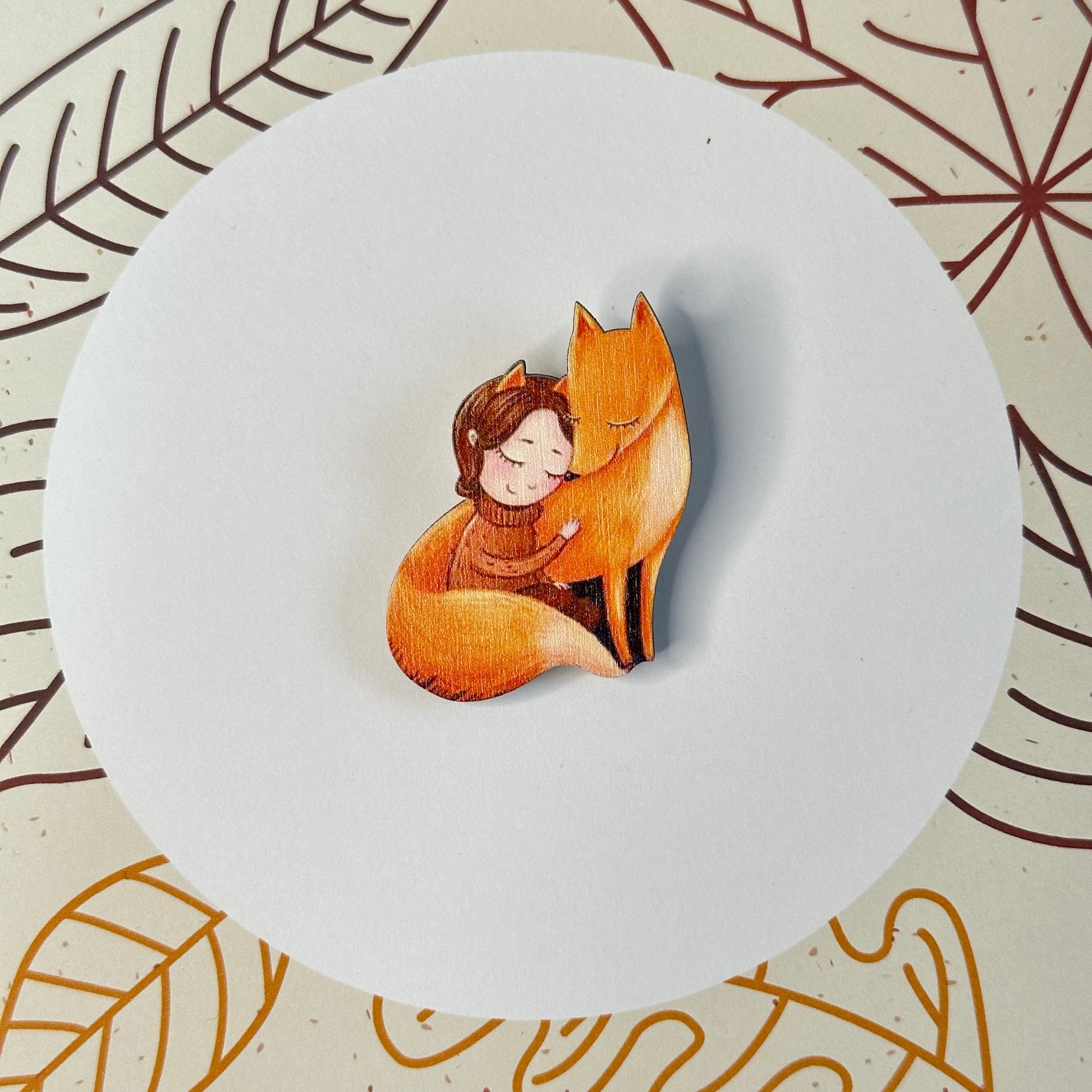 Girl and fox hugging standard wooden brooch