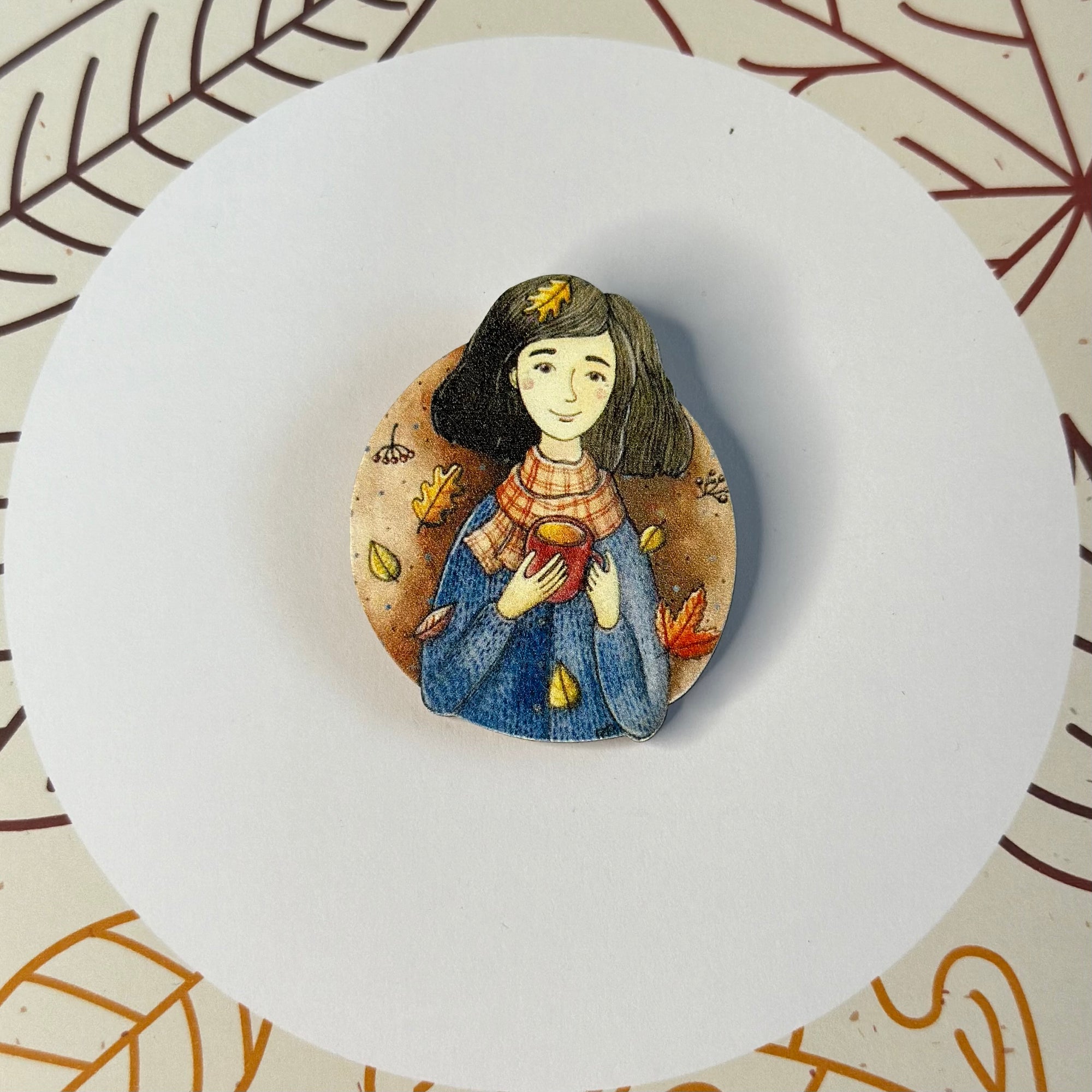 Girl with leaves and cup wooden brooch