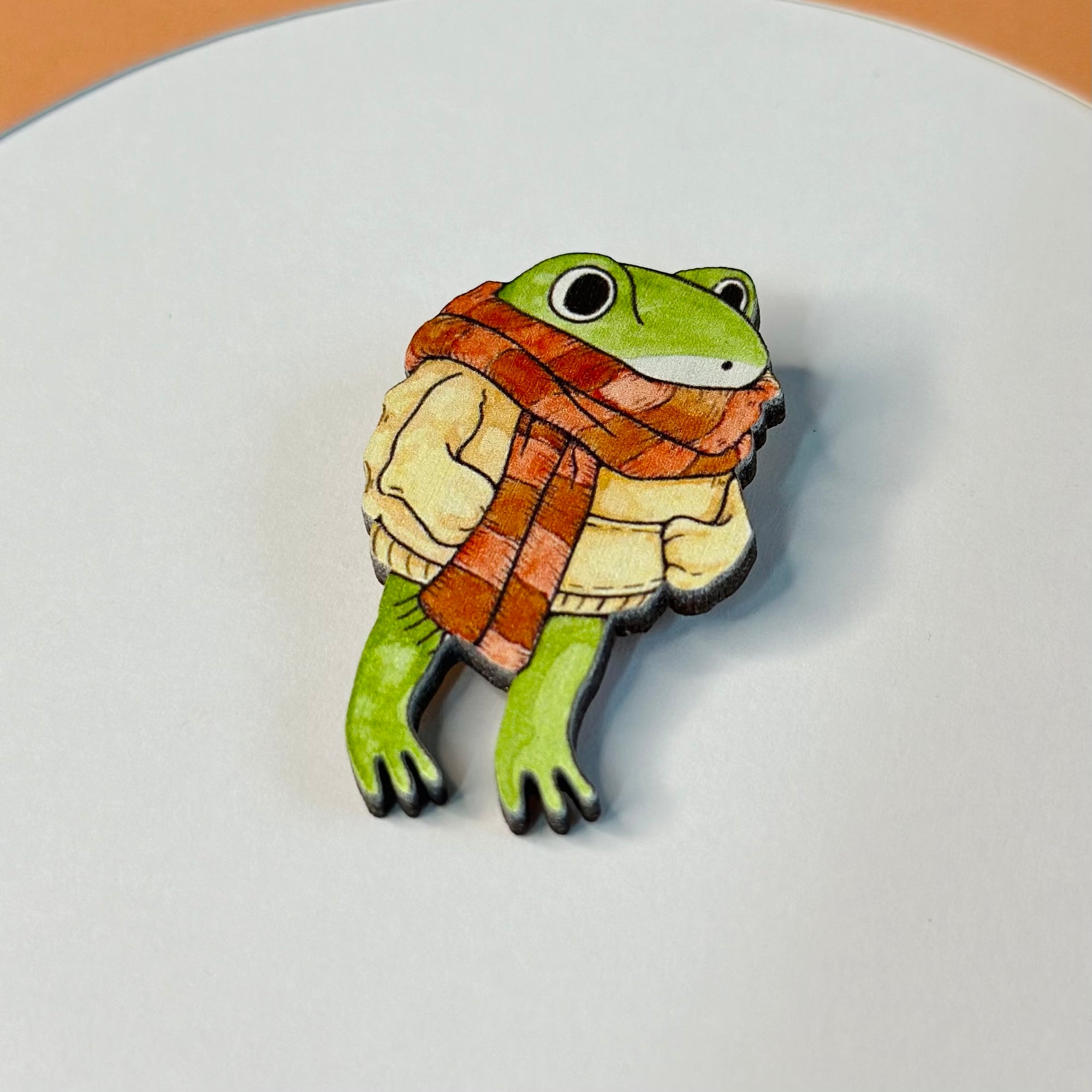 A wooden brooch with a frog and a sweater