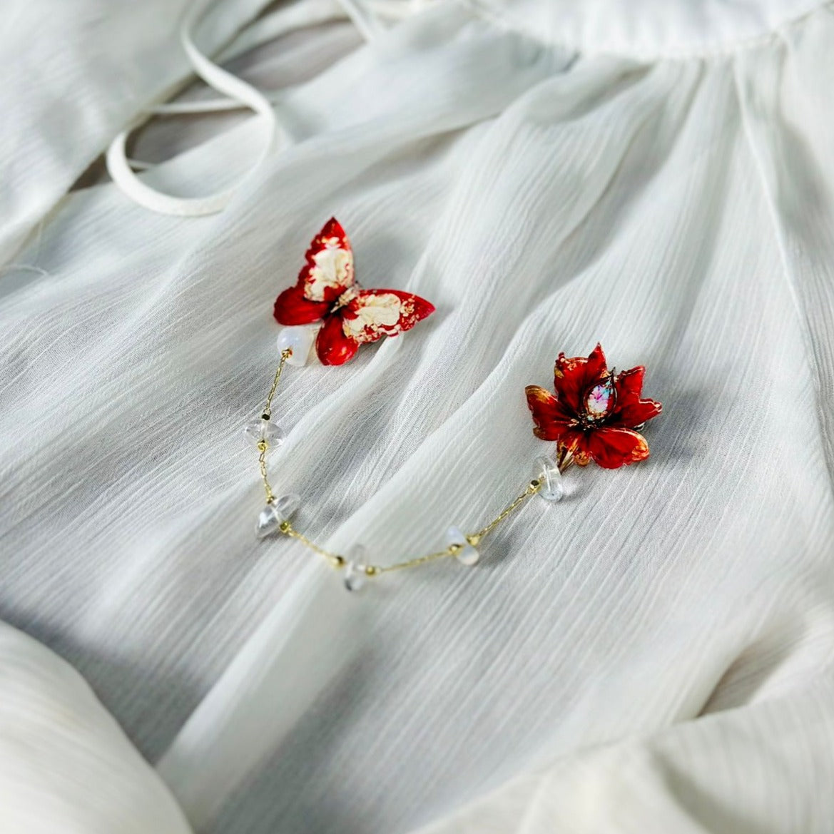 Red Butterfly and Flower with Golden Ornaments: Organic Glass Brooch with Natural Stones: