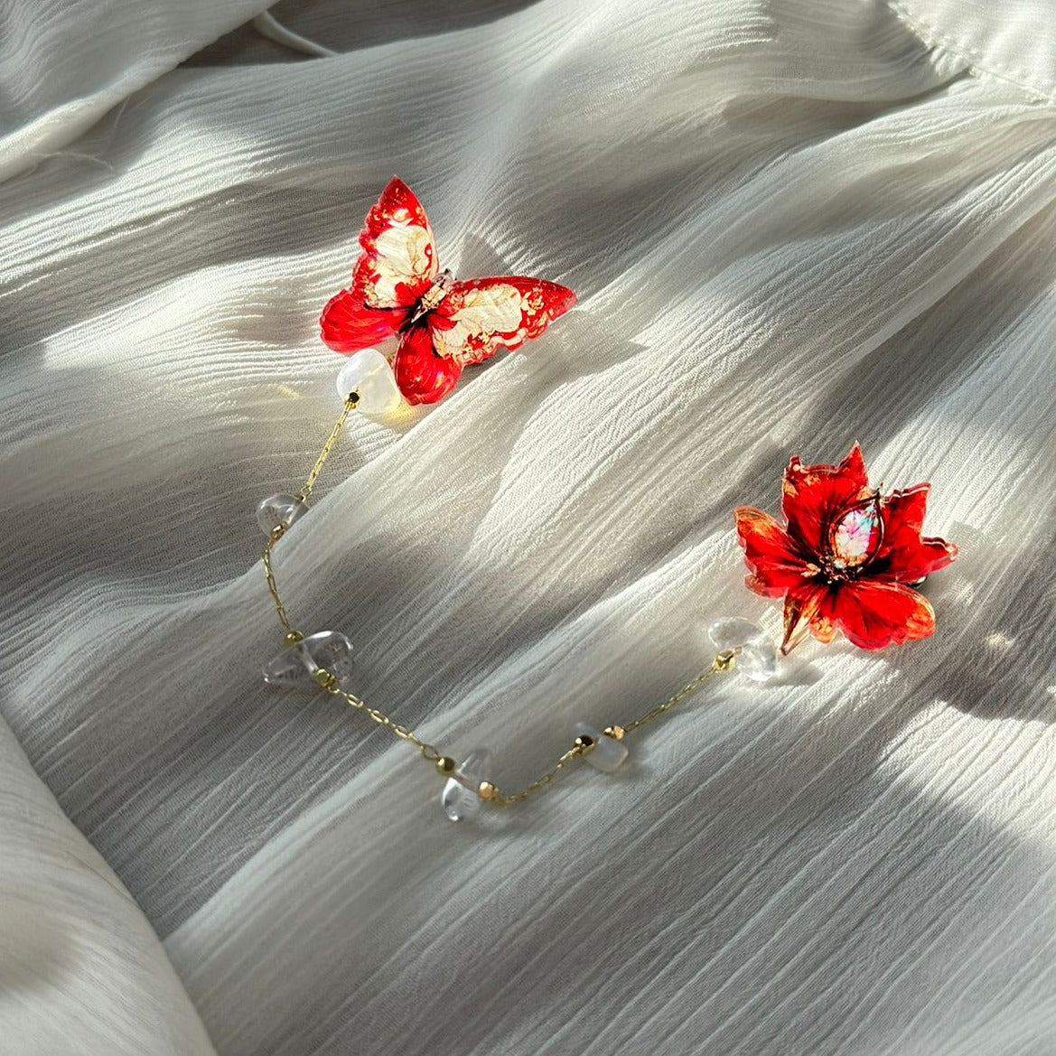 Red Butterfly and Flower with Golden Ornaments: Organic Glass Brooch with Natural Stones: