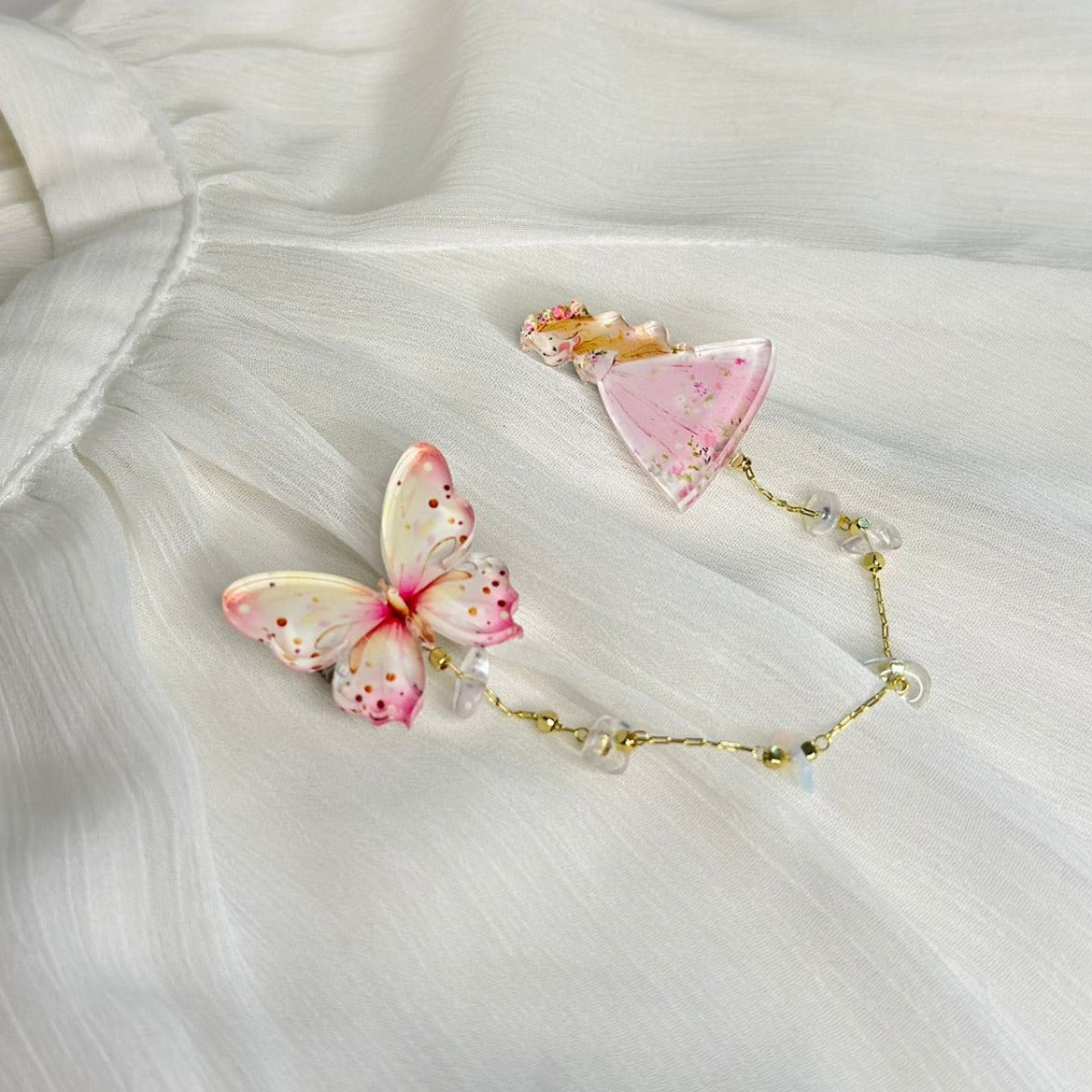 Girl and Butterfly (Classic Pink Light Tone): Organic Glass Brooch with Natural White Rock Crystal Stones