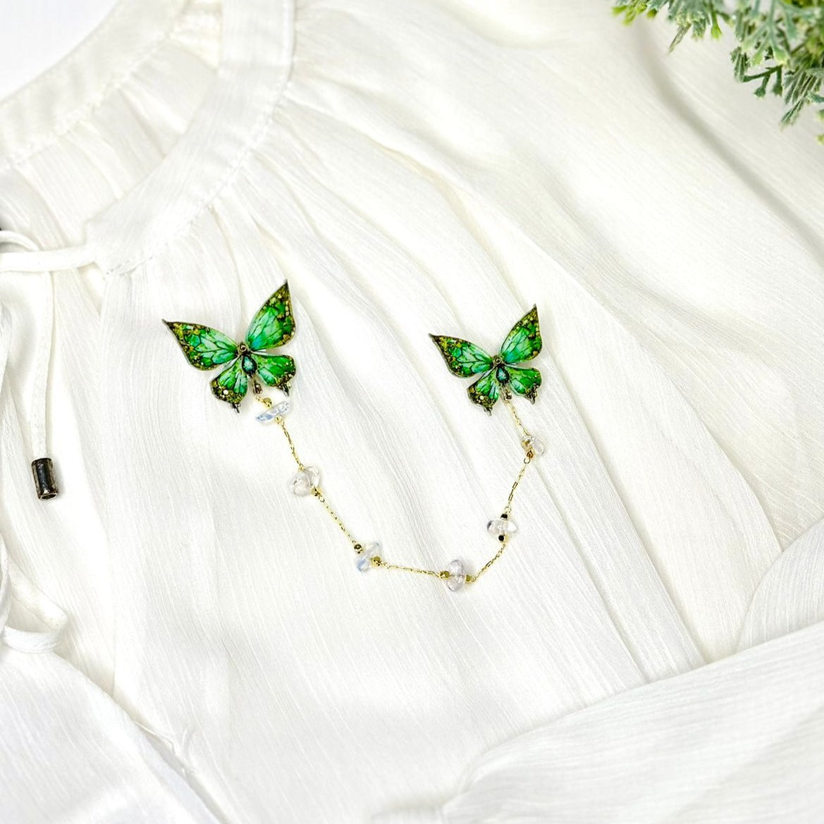 Green Butterflies with Golden Ornaments : Organic glass brooch with natural white rock crystal stones