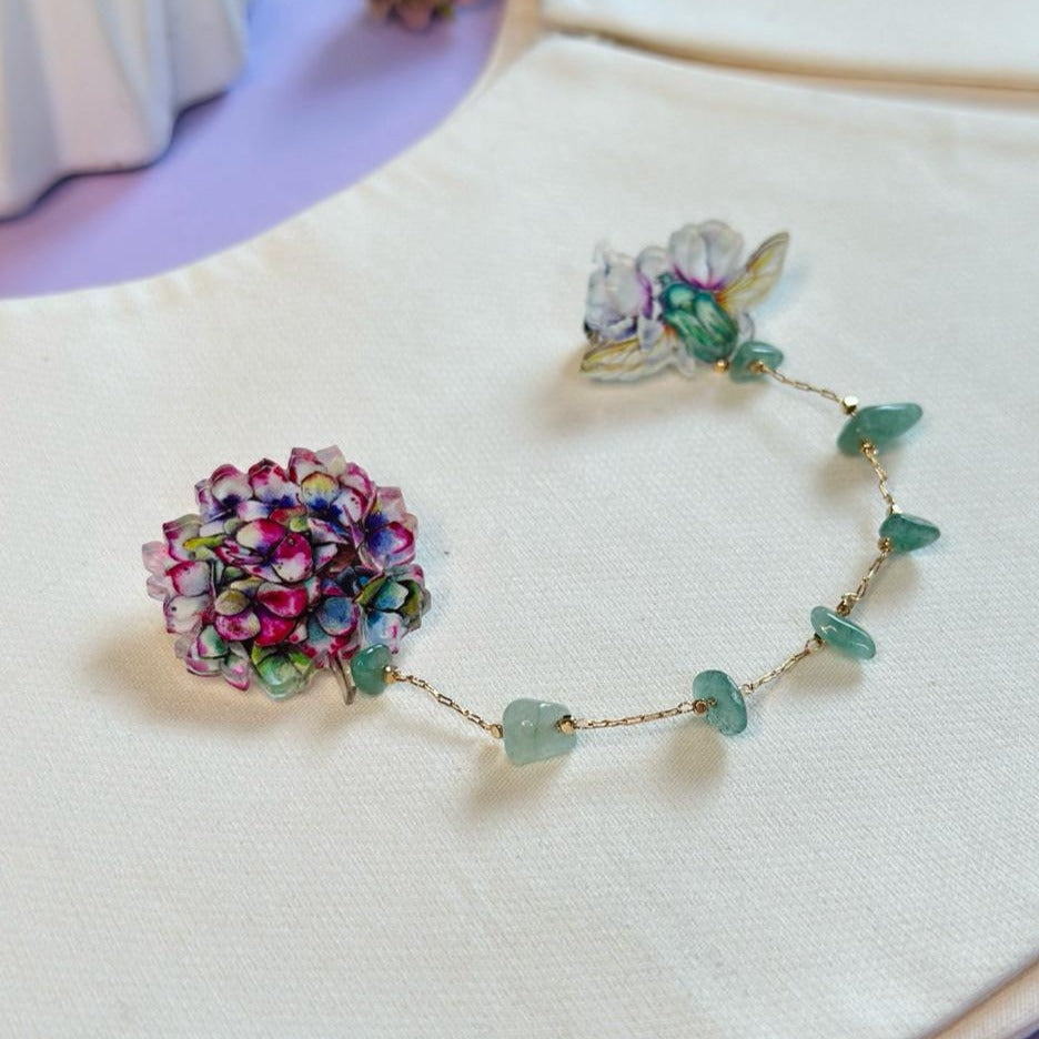 Green Beetle with Flowers: Organic glass brooch with natural aventurine stones