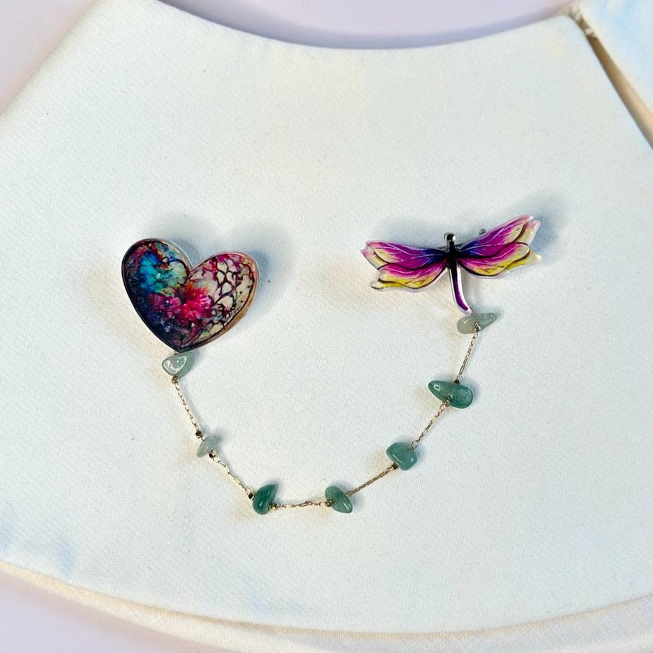 Needle and heart with roots: organic glass brooch with natural aventurine stones