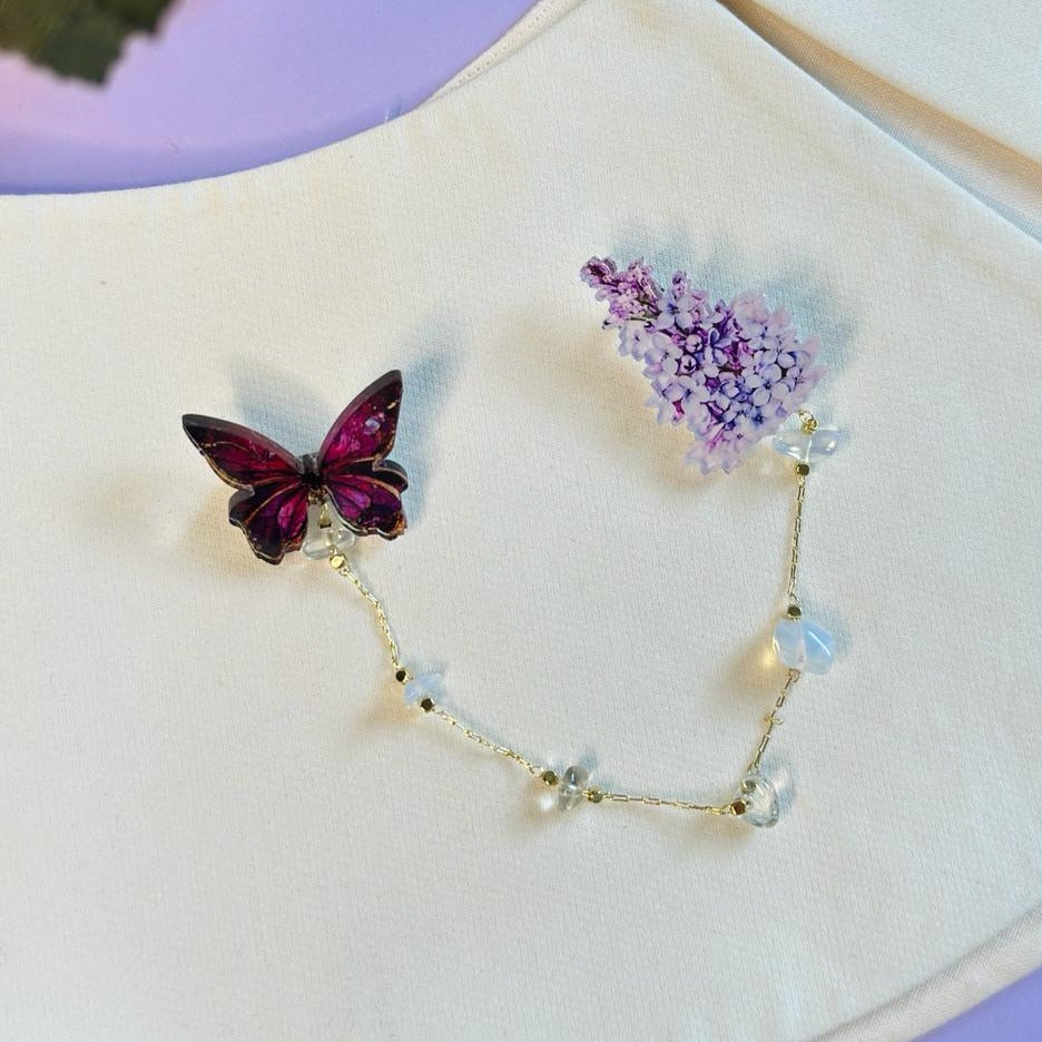 Lilac and Butterfly: Organic glass brooch with natural white rock crystal stones