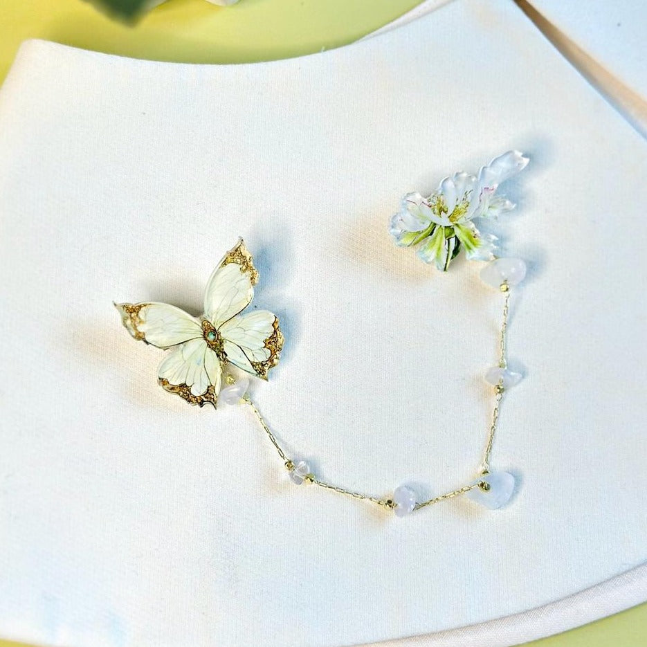 White butterfly and peony flower: organic glass brooch with natural stones