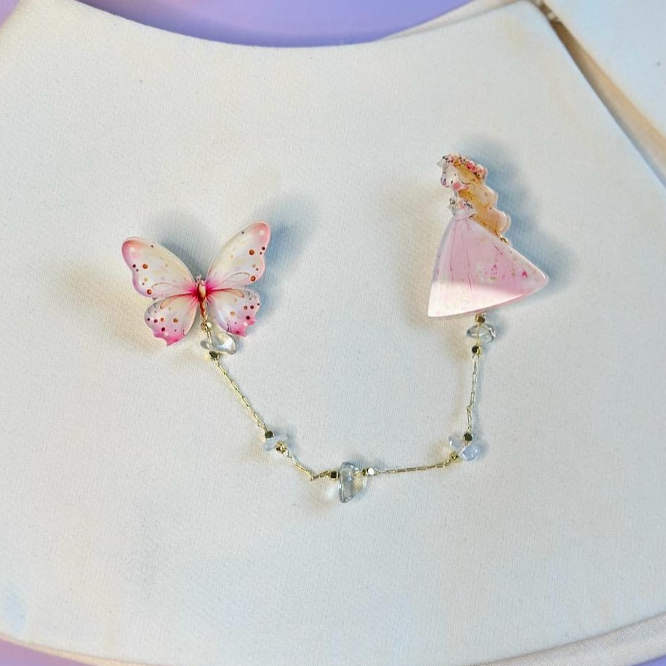 Girl and Butterfly (Classic Pink Light Tone): Organic Glass Brooch with Natural White Rock Crystal Stones