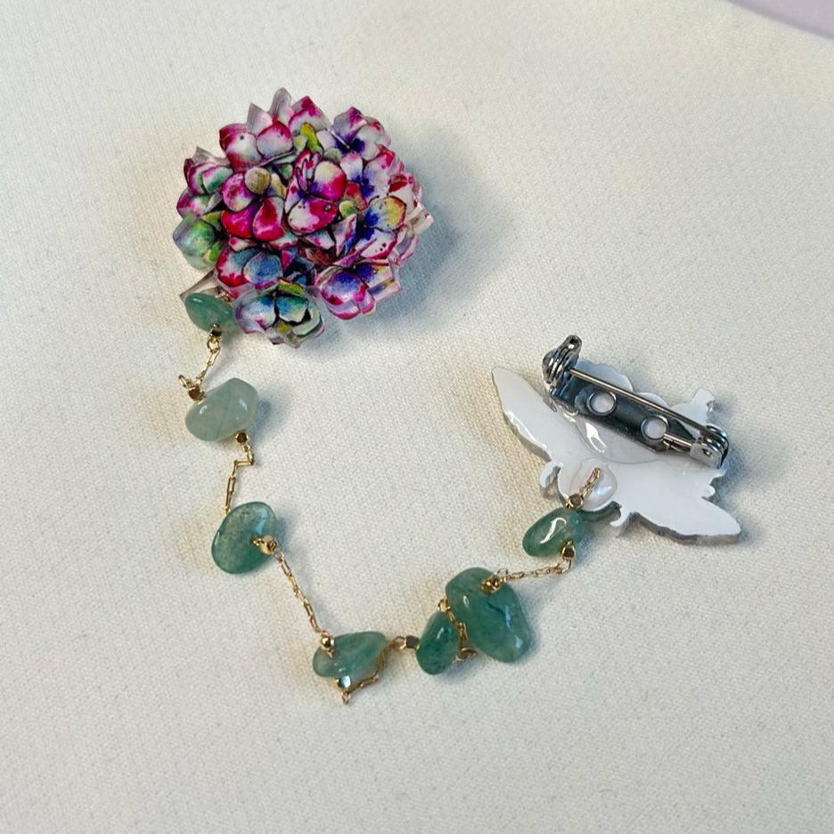 Green Beetle with Flowers: Organic glass brooch with natural aventurine stones