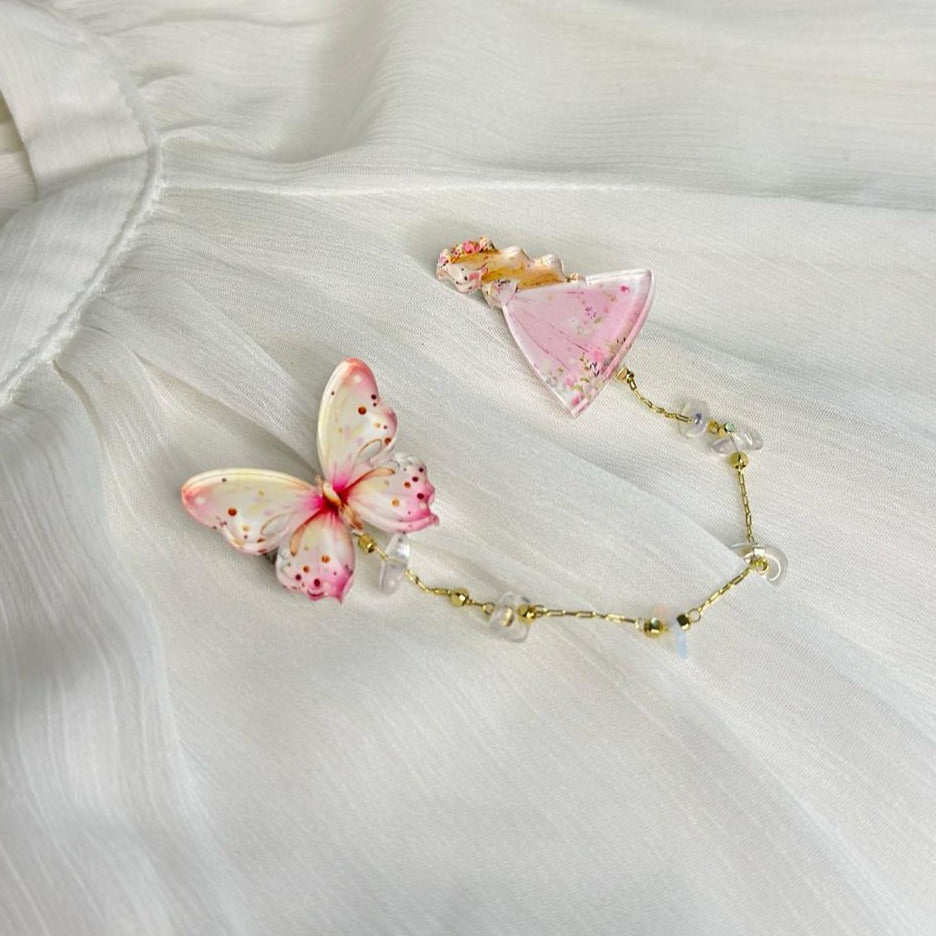 Girl and Butterfly (Classic Pink Light Tone): Organic Glass Brooch with Natural White Rock Crystal Stones