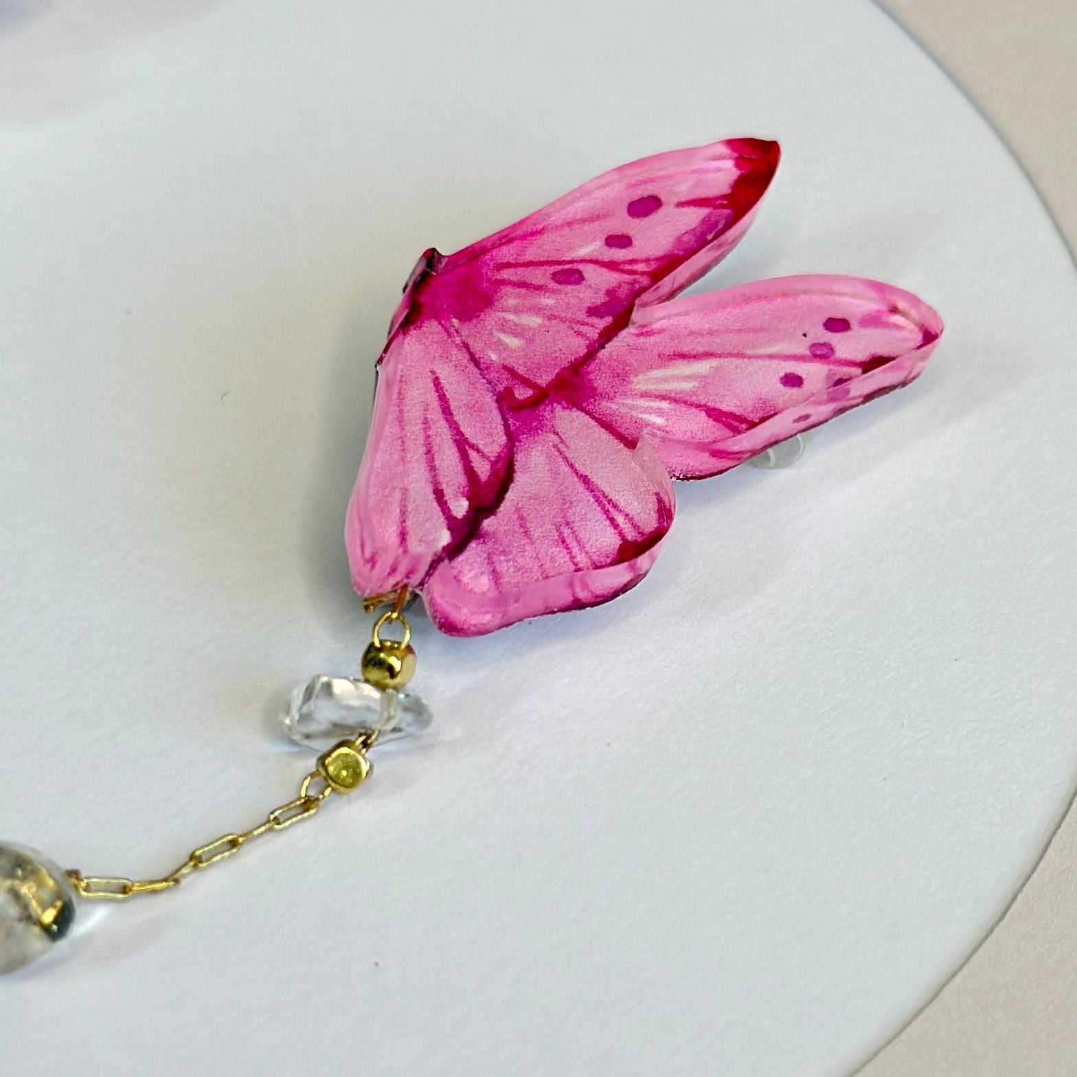 Lotus and Pink Butterfly: Organic glass brooch with natural white rock crystal stones