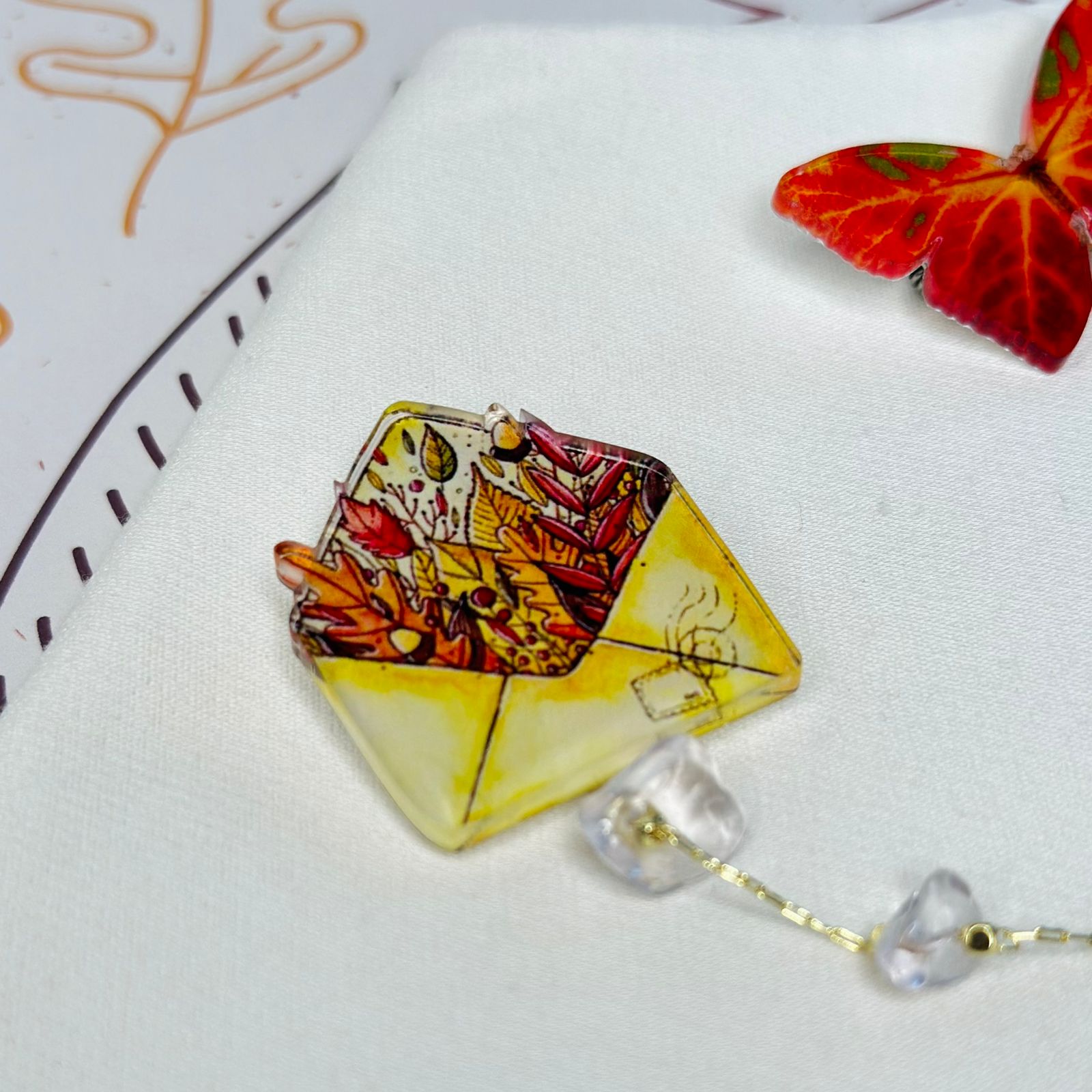 Autumn butterfly and autumn envelope glass clutch brooch