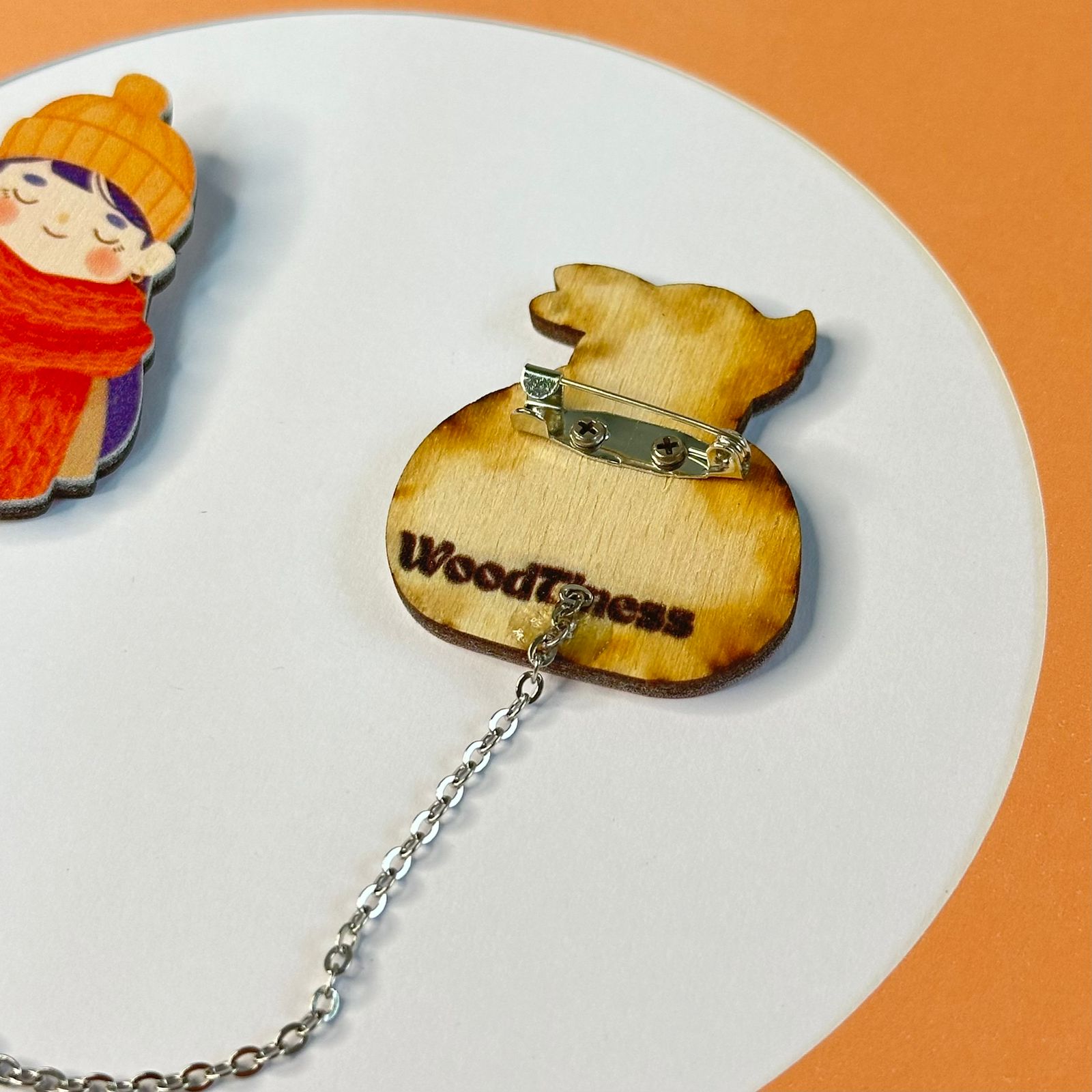 The girl and the fox wooden brooch