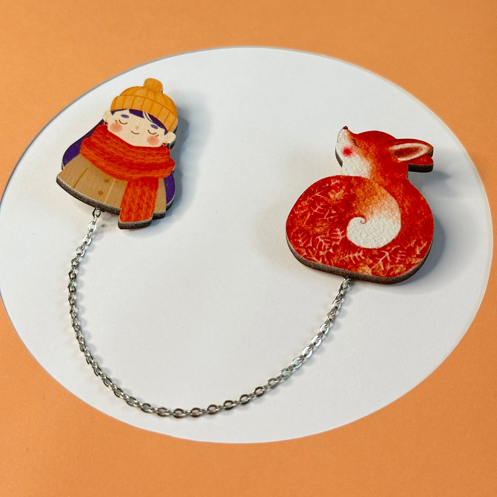 The girl and the fox wooden brooch